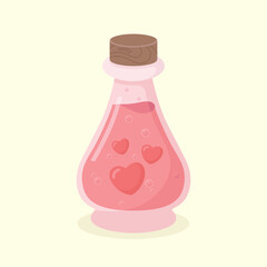 A glass bottle of pink colour love potion with bubbles and hearts inside. Halloween witchcraft vector illustration.