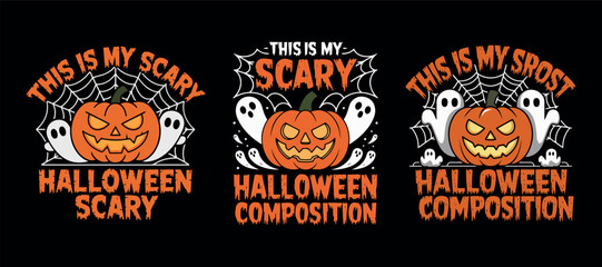 Spooky Halloween T-shirt Design with Ghosts and Pumpkins, Ghost, Scray,  Horror night, Skeleton, Skull, Trick or Treat, Dead cool, boo on white background.