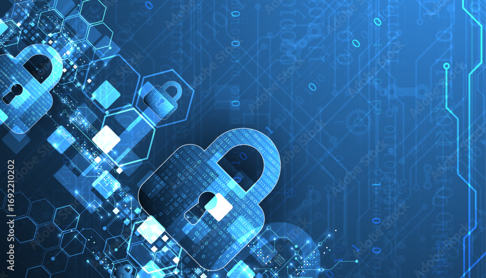 Poster abstract technological background on the topic of information protection. various technological elem