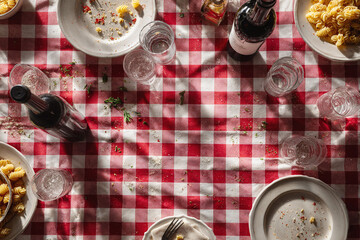 Overhead shot of a finished meal pasta plates, wine,  glasses on a red checkered tablecloth. Evokes a sense of shared moments, family,  Italian dining.