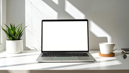 Fototapeta premium Modern minimalist workspace featuring a laptop with a blank screen on a clean white desk, illuminated by natural morning sunlight and subtle shadows, ideal for remote work or creative projects