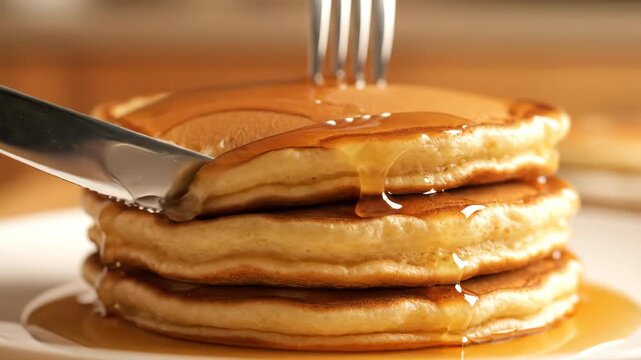 Stack of Fresh Pancakes Being Cut With a Knife and Drizzled With Sweet Maple Syrup During Breakfast at a Local Diner