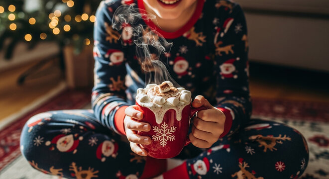 A child in christmas pajamas holding a steaming mug of hot chocolate with marshmallows indoors