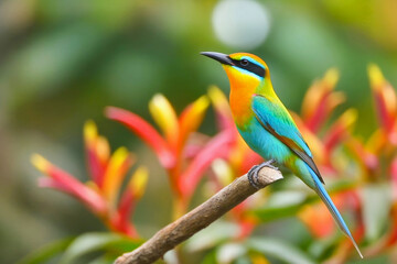 Obraz premium A bright, colorful bird sits on a branch, against a backdrop of lush tropical plants and flowers