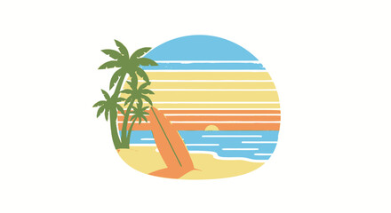 Retro Beach Scene with Palm Trees Surfboard and Sunset Graphic Illustration.