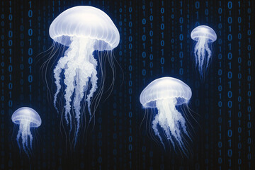 Ethereal jellyfish glide through a dark, digital environment filled with glowing binary code