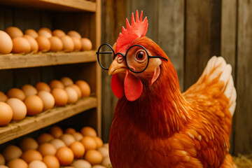A chicken with glasses stands proudly in front of shelves filled with eggs, showcasing a quirky farm atmosphere in warm light
