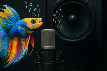 A vibrant fish produces bubbles while positioned near a black microphone and speaker, creating a lively atmosphere