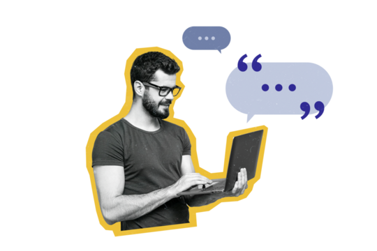 Composite photo collage of smile man hold macbook device correspondence concept email messenger app sms isolated on painted background