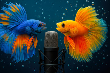 Two vibrant fish, one blue and one orange, are playfully swimming near a microphone submerged in water, suggesting a unique performance