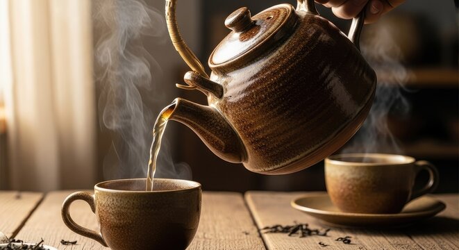 Warm brown teapot pouring hot aromatic tea into a rustic ceramic cup on a wooden table, creating a cozy atmosphere.