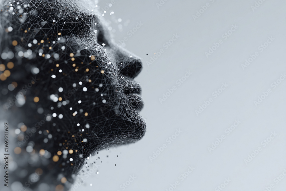 Aufkleber abstract profile of a human face constructed from a network of connected lines and glowing particles