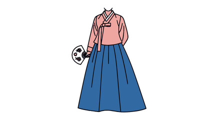 Elegant Hanbok Illustration with Fan Traditional Korean Dress.