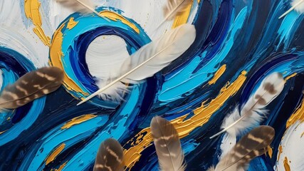 Impasto swirl of blue and gold paint with blurred feathers - Powered by Adobe
