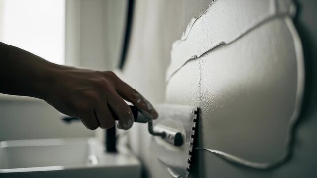 Slowmotion footage of a trowel gliding over damp microcement mixture highlighting texture and finish in a minimalist bathroom setting.