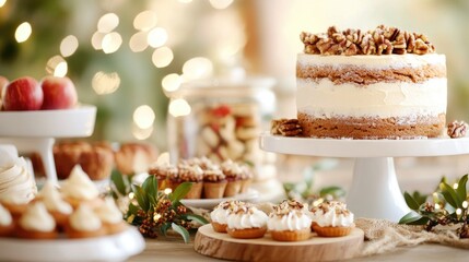 Festive holiday cake display with cupcakes and decorations amidst warm bokeh lights