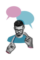 Vertical photo collage of upset man hand point blame abuse concept bullying insult victim stereotype isolated on painted background