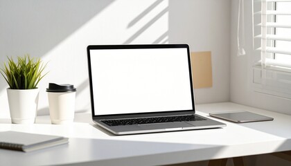 Fototapeta premium Laptop Mockup on a Clean White Desk with Window Light, Coffee Cup and Plant