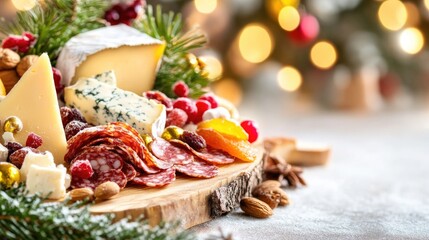 Festive cheese and meat platter with holiday decorations and seasonal fruits