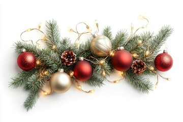 Festive christmas garland with red and gold ornaments, pinecones, and twinkling lights