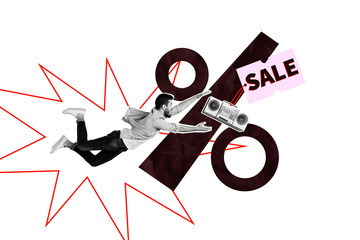 Composite trend artwork sketch image collage of big sale black friday percent discount silhouette...