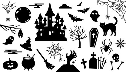Happy Halloween icons set. Black silhouette isolated on white background. Trick or treat party design elements collection. Cemetery castle, zombie hand, flying bats. Moon, spider web, witch craft