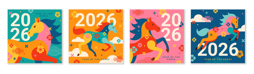 Happy Chinese New Year 2026 Year of the Horse. Vector illustration. Color China Christmas posters set with floral asian pattern. Spring holiday design funny geometric background. Japanese calendar art