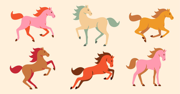 Horse silhouette icon set isolated on white background. Vector illustration. Happy Chinese New Year 2026 Symbol. Galloping, jumping running pony in different poses. Asian Christmas calendar cover art