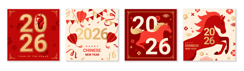 Happy Chinese New Year 2026 Year of the Horse. Vector illustration. Red gold China Christmas posters set, square banner template. Spring holiday design floral pattern, asian lanterns, garland confetti