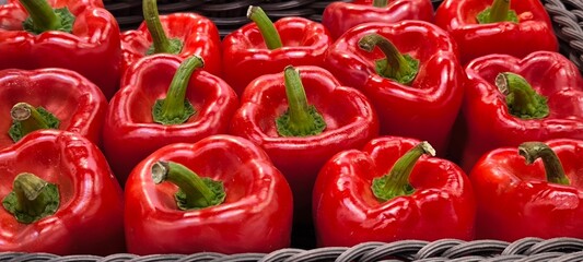 red bell peppers in a fresh vegetable shop