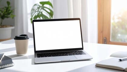 Fototapeta premium Modern home office environment featuring a sleek laptop with a blank display, ideal for productivity, online work, or personalized digital content showcase