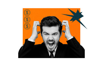 Composite photo collage of angry anxious businessman shout money loss dollar currency coin bankrupt...