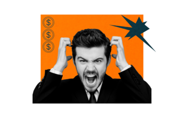 Composite photo collage of angry anxious businessman shout money loss dollar currency coin bankrupt failure isolated on painted background