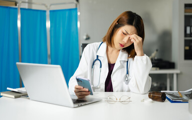 Medical students eyestrain fatigued from computer work, stressed woman overworked with fatigue sit...