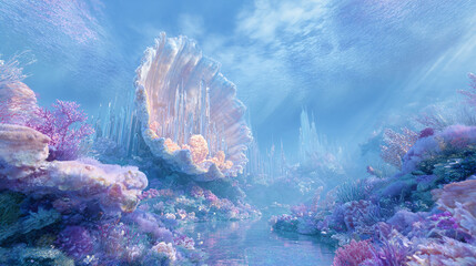Underwater fantasy scene featuring a giant clam shell with crystal spires, surrounded by vibrant coral reefs. Evokes dreams, beauty, and the mystery of the deep.