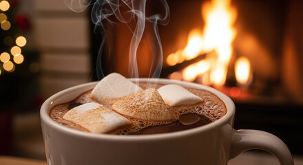 A steaming mug of hot chocolate topped with marshmallows near a cozy fireplace setting the mood
