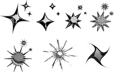 Glossy Black Chrome Starburst and Sparkle Shapes on Transparent Background Abstract Vector Set
