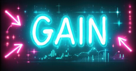 Bright neon sign displays GAIN over abstract chart graphics. Pink arrows point toward text, creating dynamic visual impact. Dark background enhances glow.