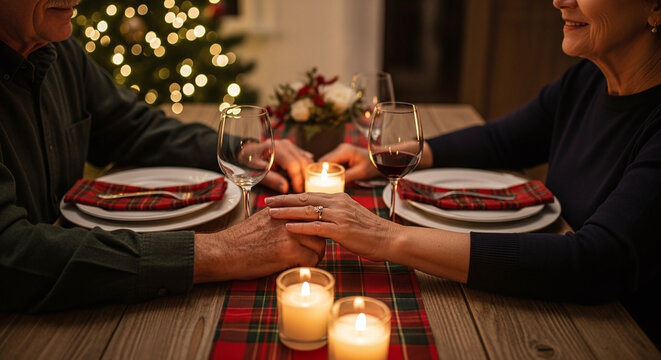 Elderly couple holding hands at a christmas dinner table with candles and wine glasses present too - Powered by Adobe