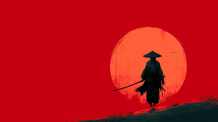 Fototapeta premium Japanese samurai silhouette in the far. Bold, outlines, illustration style, clean flat illustration style, poster ready