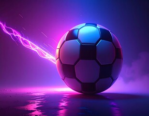 Fototapeta premium A dynamic soccer ball glows with vibrant pink and blue neon light as a lightning bolt strikes on a wet, reflective surface.