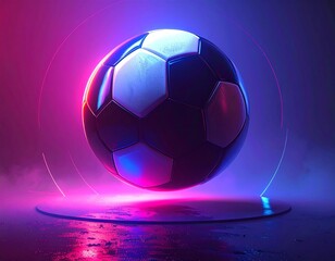 A soccer ball illuminated by vibrant neon pink and blue lights, floating above a reflective surface with a futuristic and energetic ambiance.