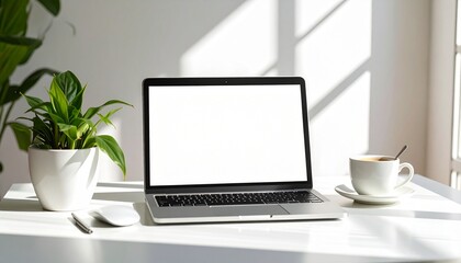 Fototapeta premium Modern Workspace Laptop, Plants, and Coffee on a White Desk