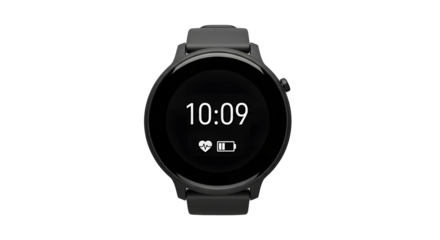 Black smartwatch wearable technology digital display fitness gadget timekeeping device isolated