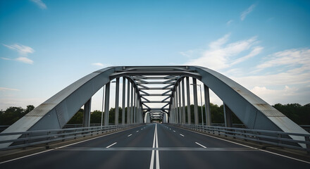 Empty arched metal truss bridge with clear road under a bright blue sky, symbolizing journey and connection.