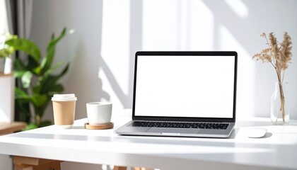 Fototapeta premium Bright and airy home office setup featuring a sleek laptop with a blank display, coffee, and subtle decor, ideal for focused work