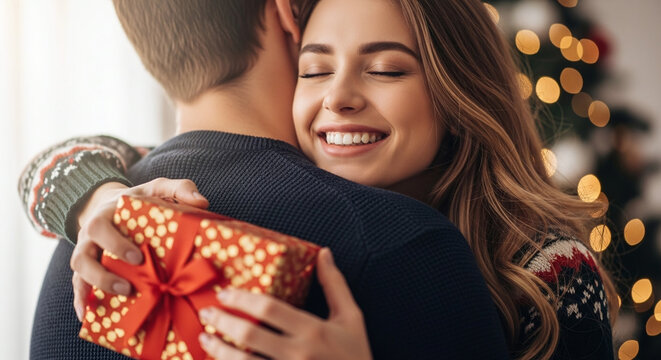 Woman hugging man while holding christmas gift with christmas tree lights in the background