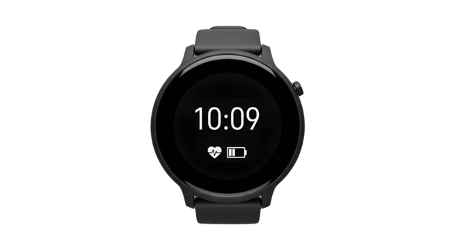 Black smartwatch wearable technology digital display fitness gadget timekeeping device isolated