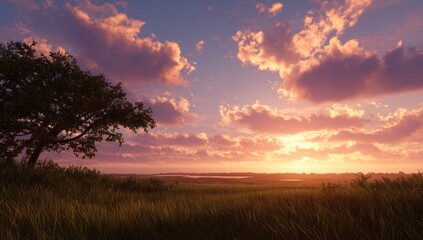 Obraz premium Sunset over a grassy plain, a solitary tree silhouetted against the vibrant sky