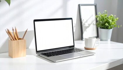 Fototapeta premium Workspace Simplicity Laptop and Creative Tools on Clean Desk